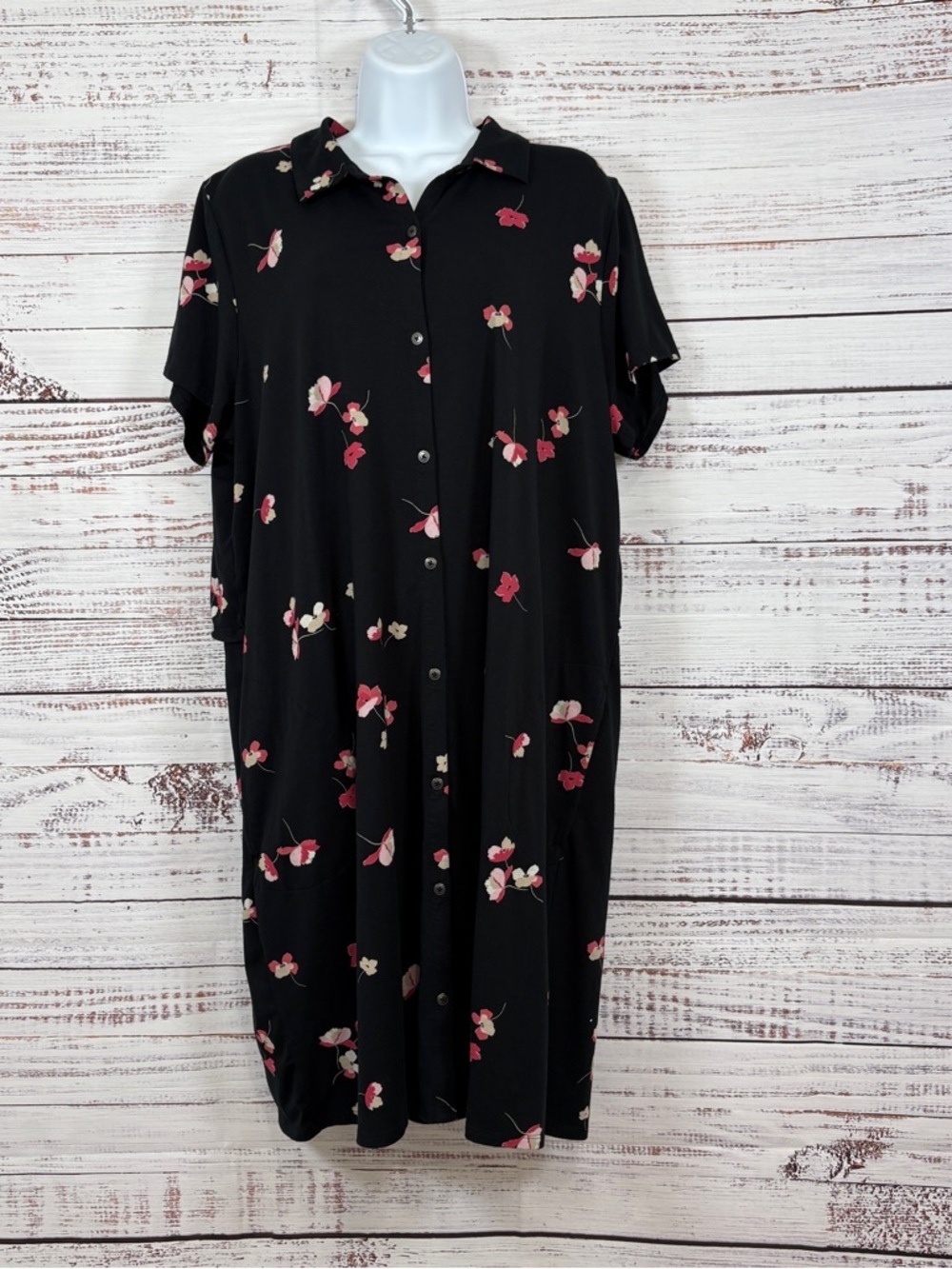 J.Jill Black Pink Floral Button Front Short Sleeve Dress